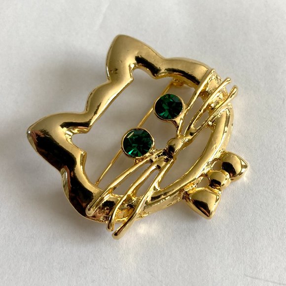 Gold Cat Face Rhinestone Pin Brooch (2 Inches) - Picture 1 of 5